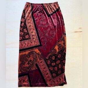 VTG CLIO Velvet Paisley Patchwork Bandana Midi Skirt Size L Whimsigoth Boho Slit